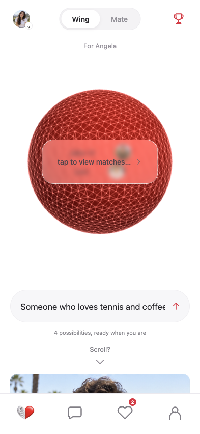 WingMate mobile home with a red sphere, search prompt, and profile preview